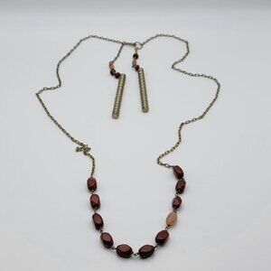 Vintage KCR Natural Bloodstone Bead Brass Necklace 33 Inch Hook Clasp Signed